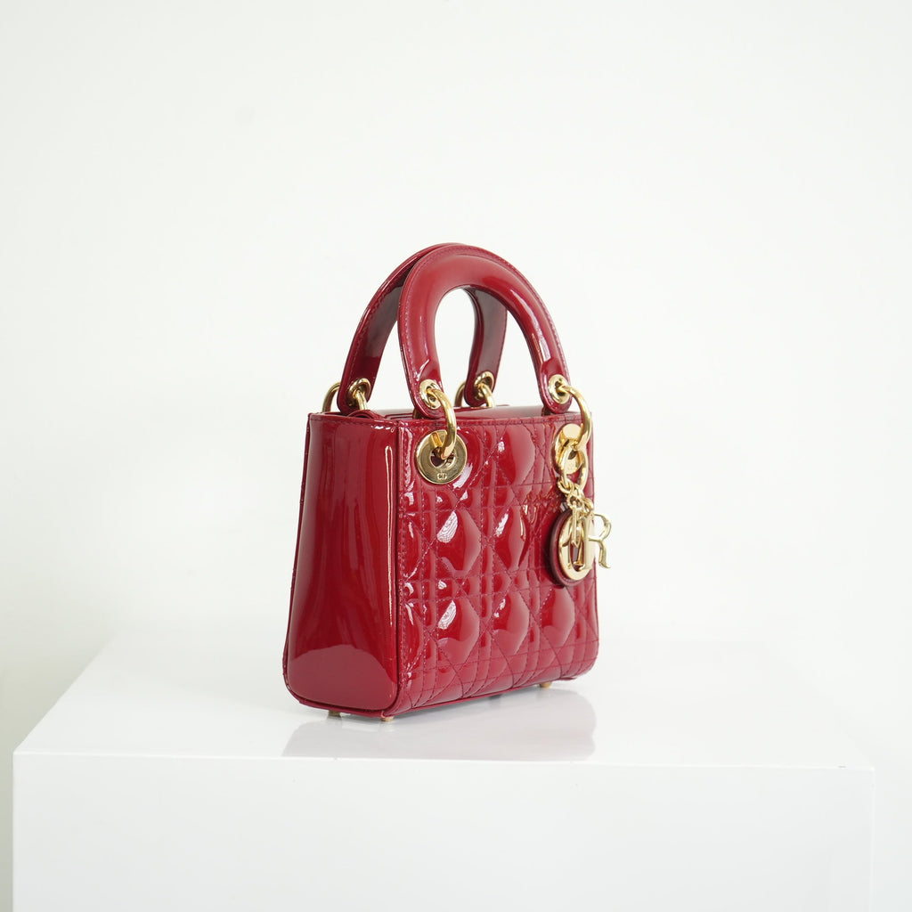 Christian Dior Mini Red Lady Dior Quilted Patent Top Handle Gold Hardware
