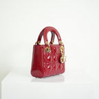 Christian Dior Mini Red Lady Dior Quilted Patent Top Handle Gold Hardware