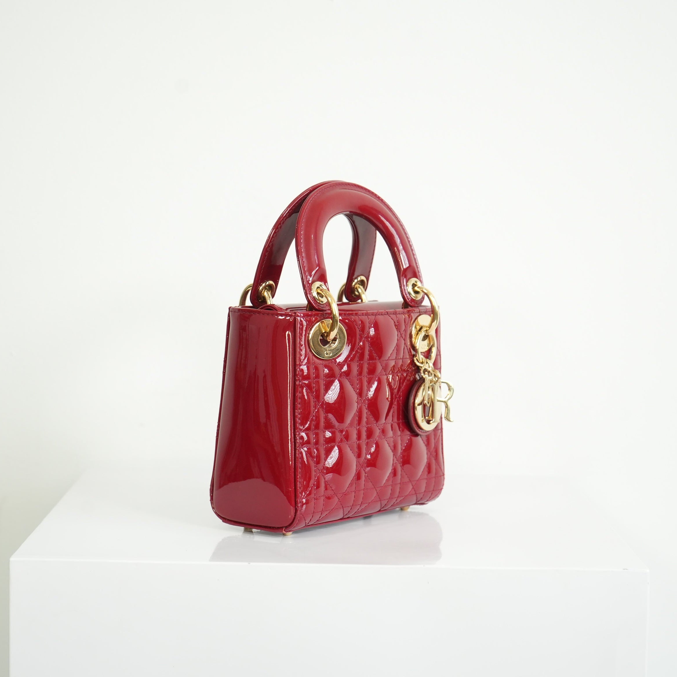 Christian Dior Mini Red Lady Dior Quilted Patent Top Handle Gold Hardware