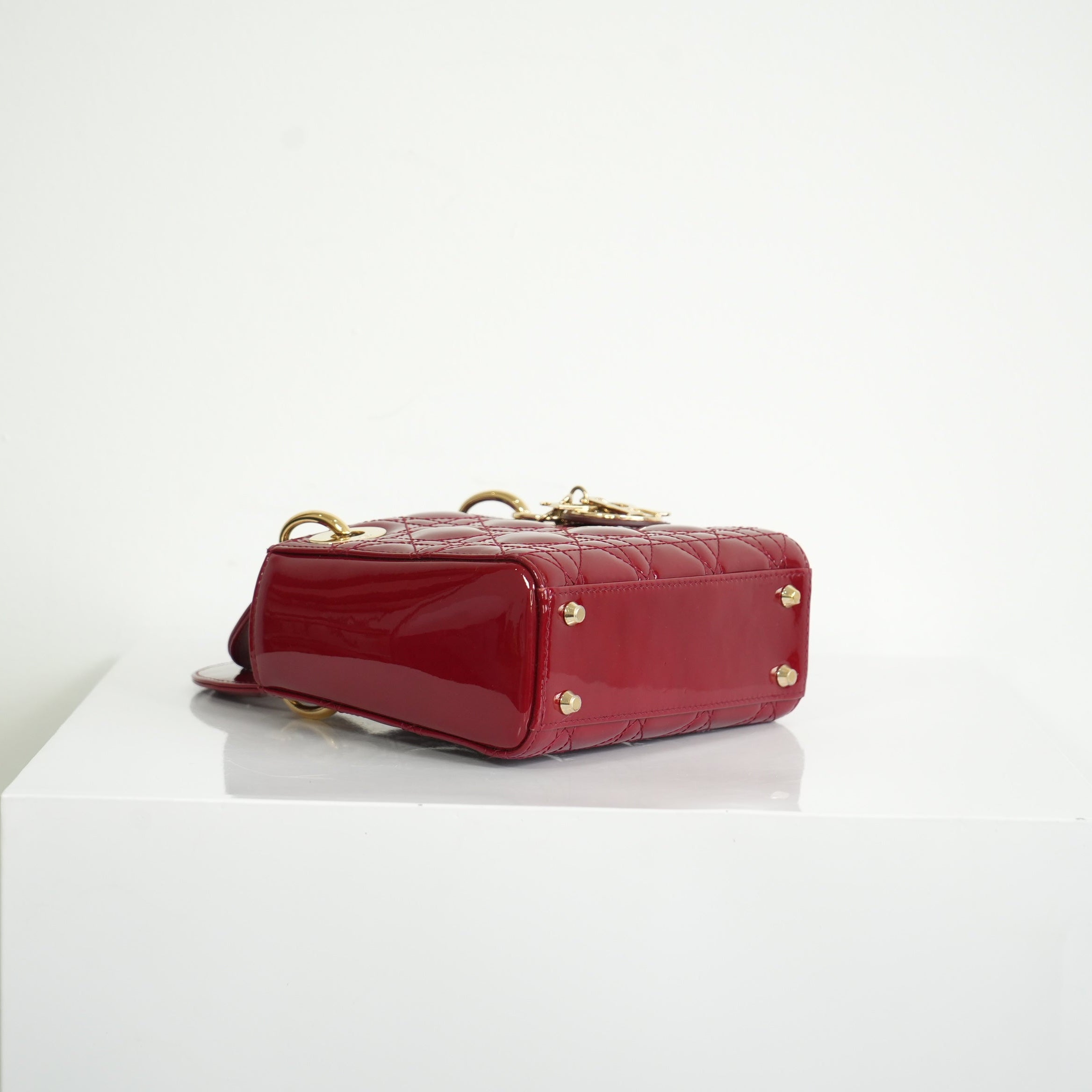 Christian Dior Mini Red Lady Dior Quilted Patent Top Handle Gold Hardware