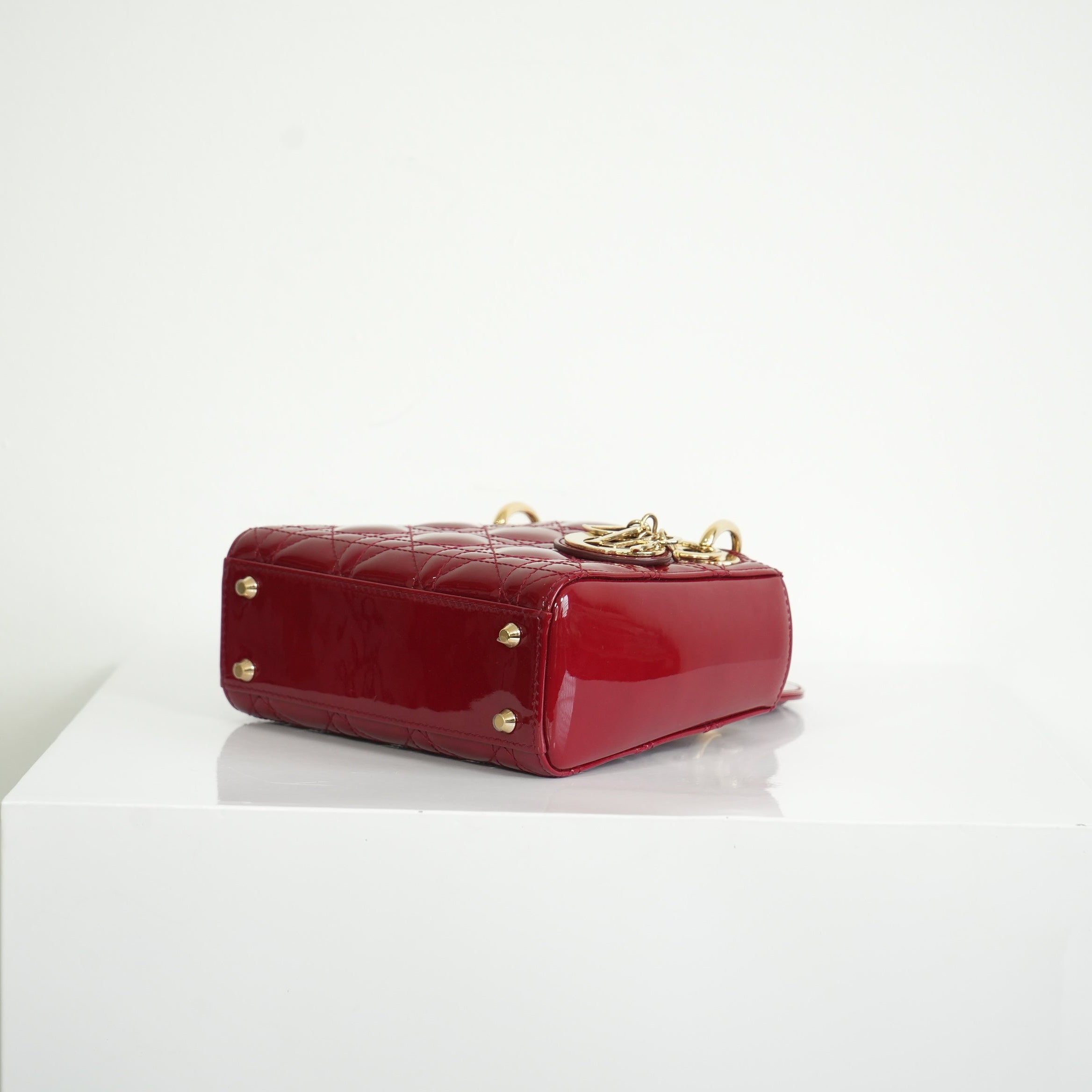 Christian Dior Mini Red Lady Dior Quilted Patent Top Handle Gold Hardware