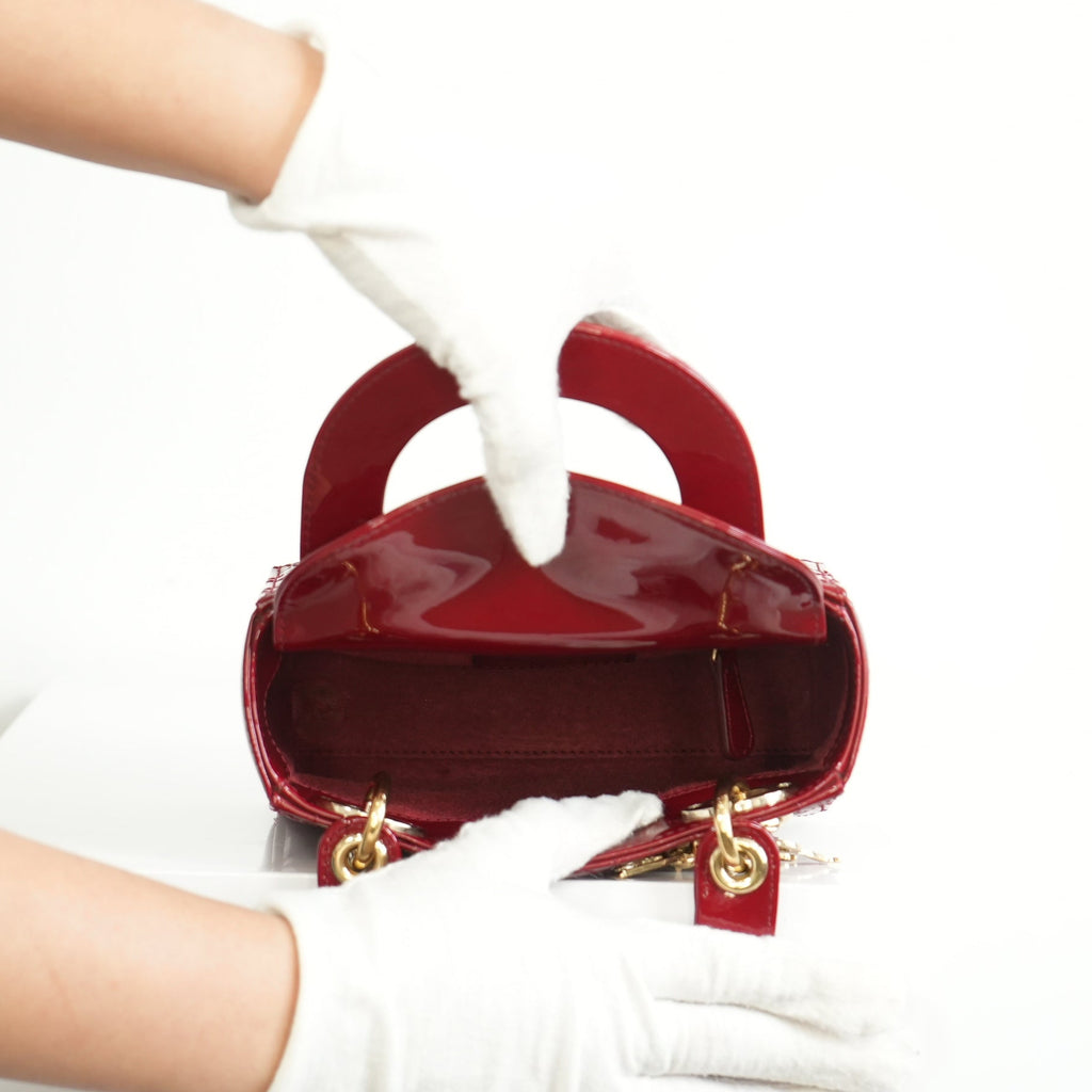 Christian Dior Mini Red Lady Dior Quilted Patent Top Handle Gold Hardware
