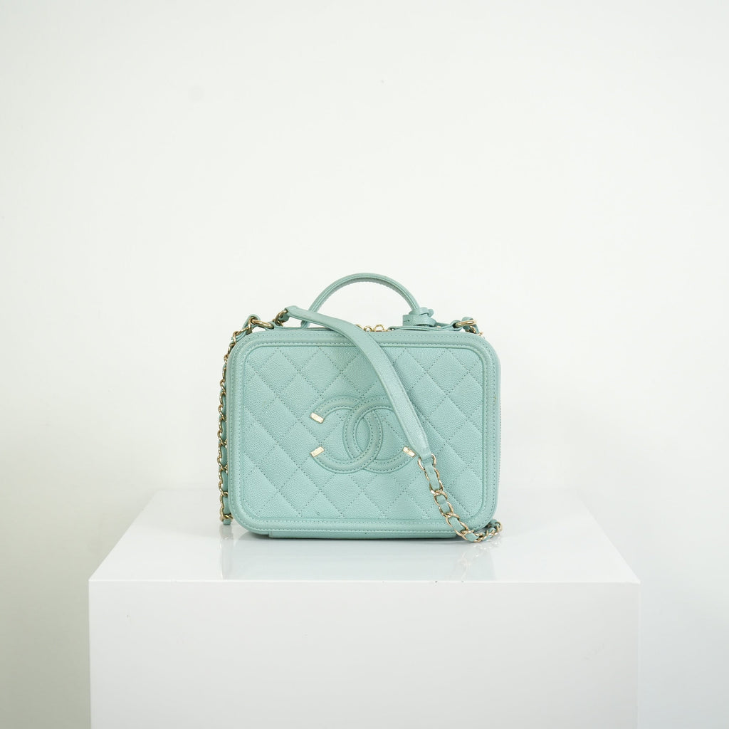 Chanel CC Filigree Light Blue Caviar Quilted Leather Vanity Case