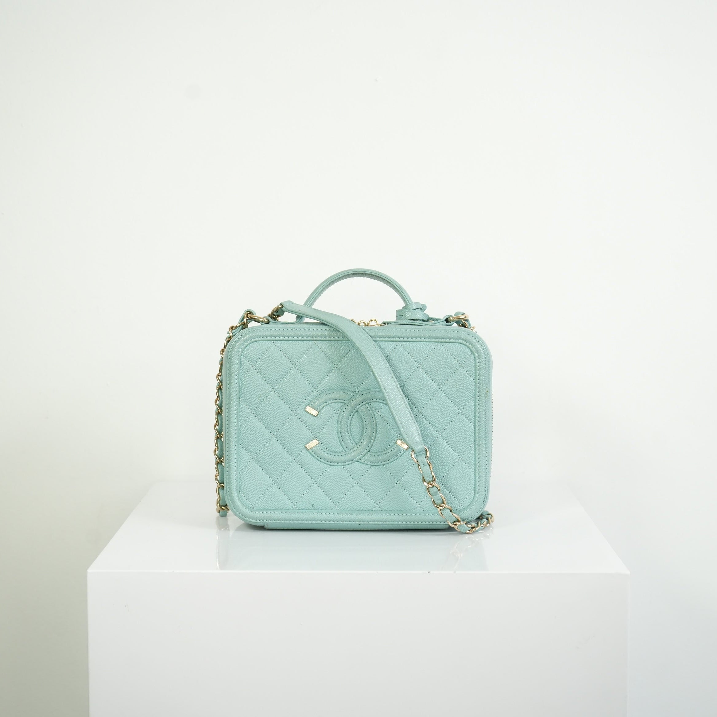 Chanel CC Filigree Light Blue Caviar Quilted Leather Vanity Case
