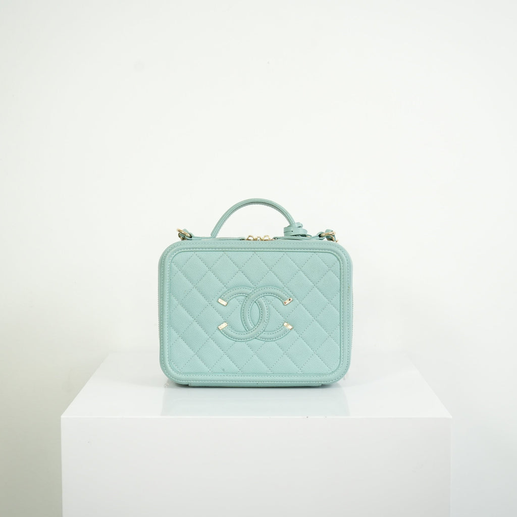 Chanel CC Filigree Light Blue Caviar Quilted Leather Vanity Case