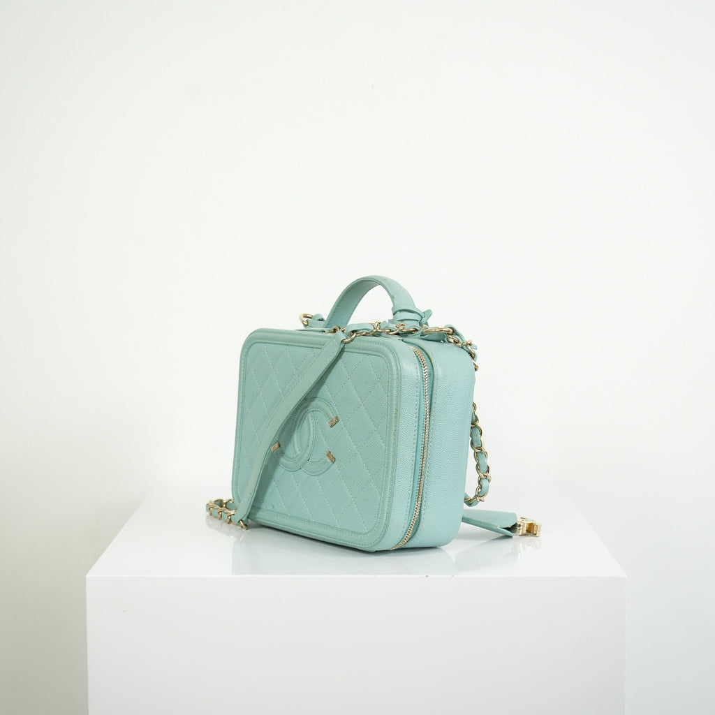 Chanel CC Filigree Light Blue Caviar Quilted Leather Vanity Case