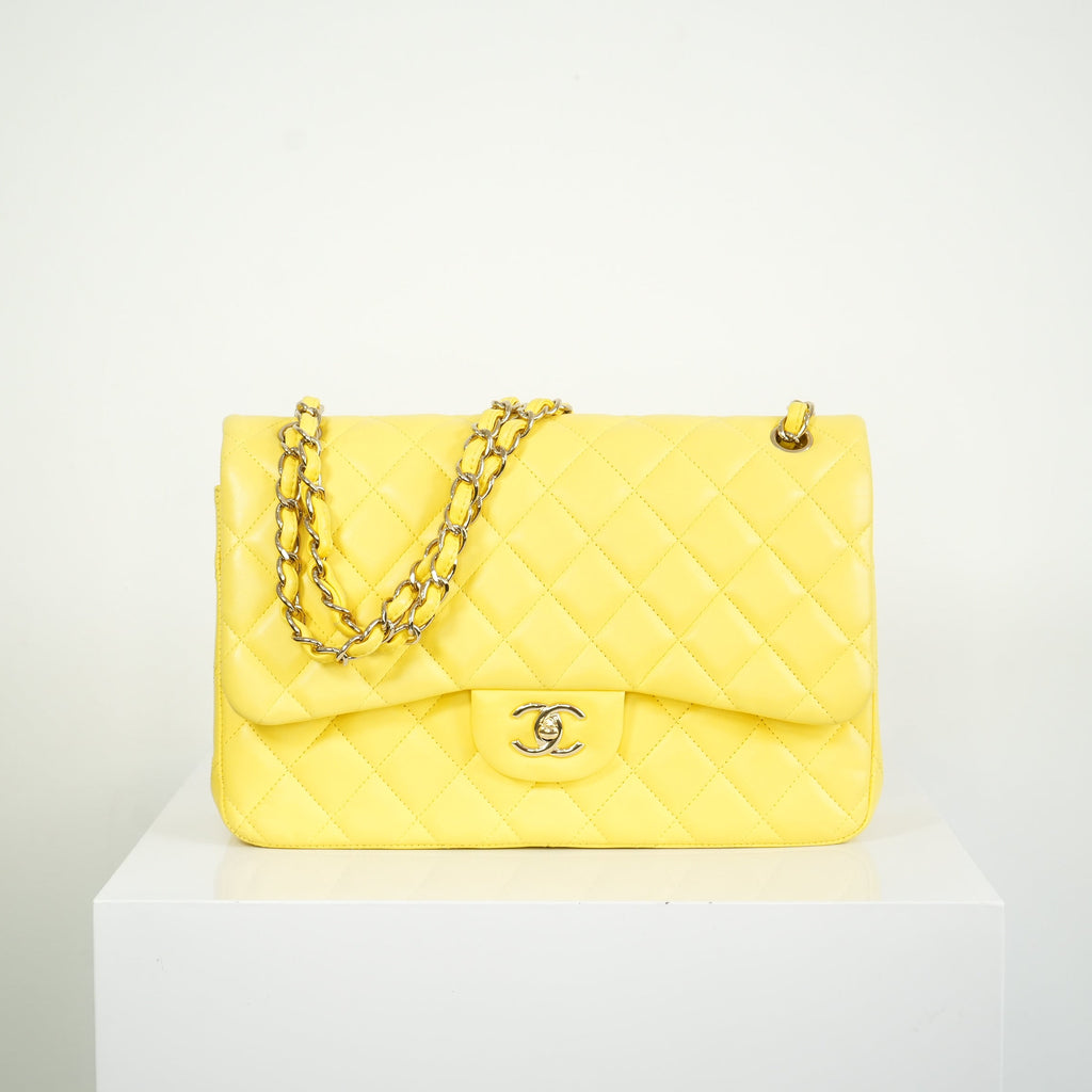Chanel Yellow Lambskin Jumbo Double Flap Bag Full Set