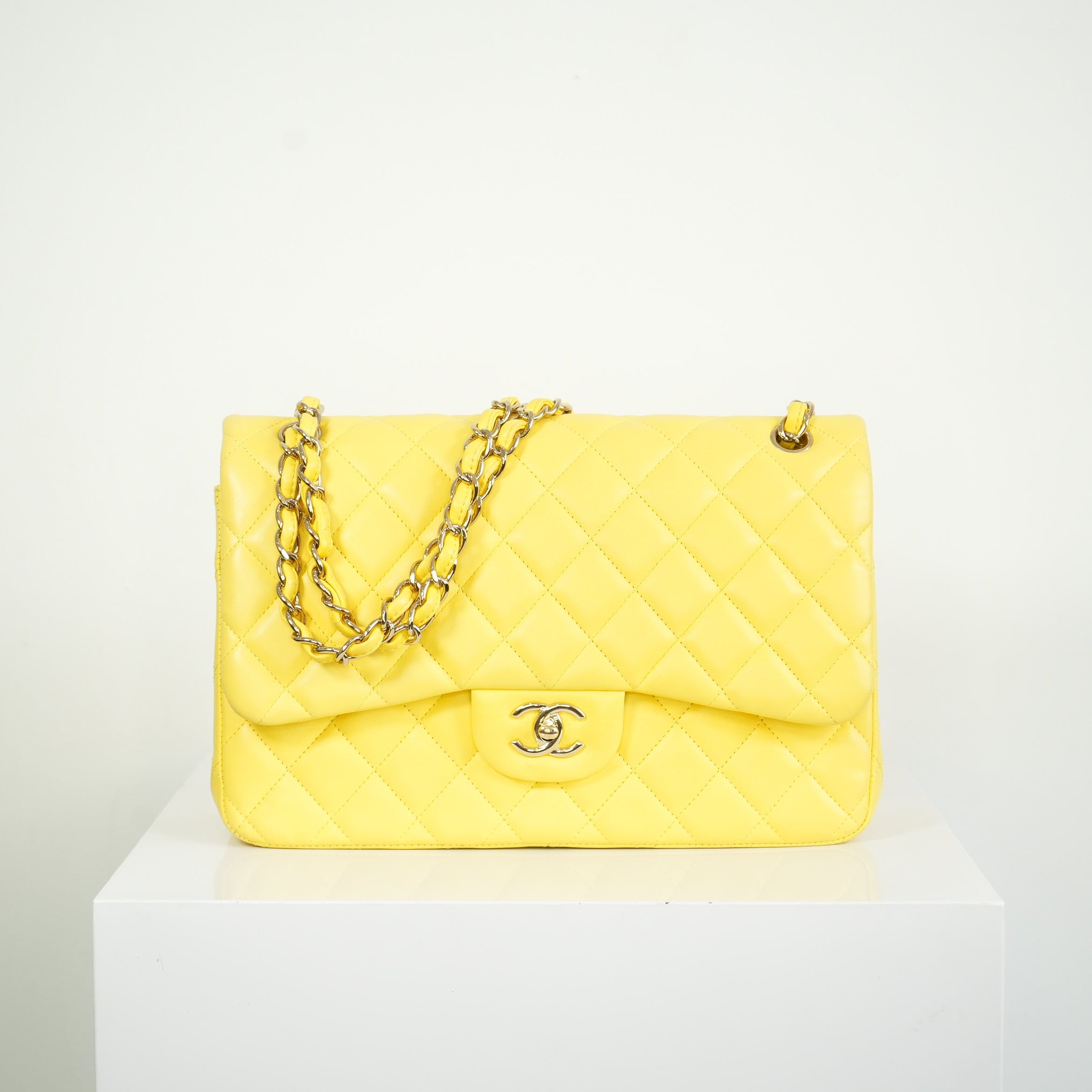 Chanel Yellow Lambskin Jumbo Double Flap Bag Full Set