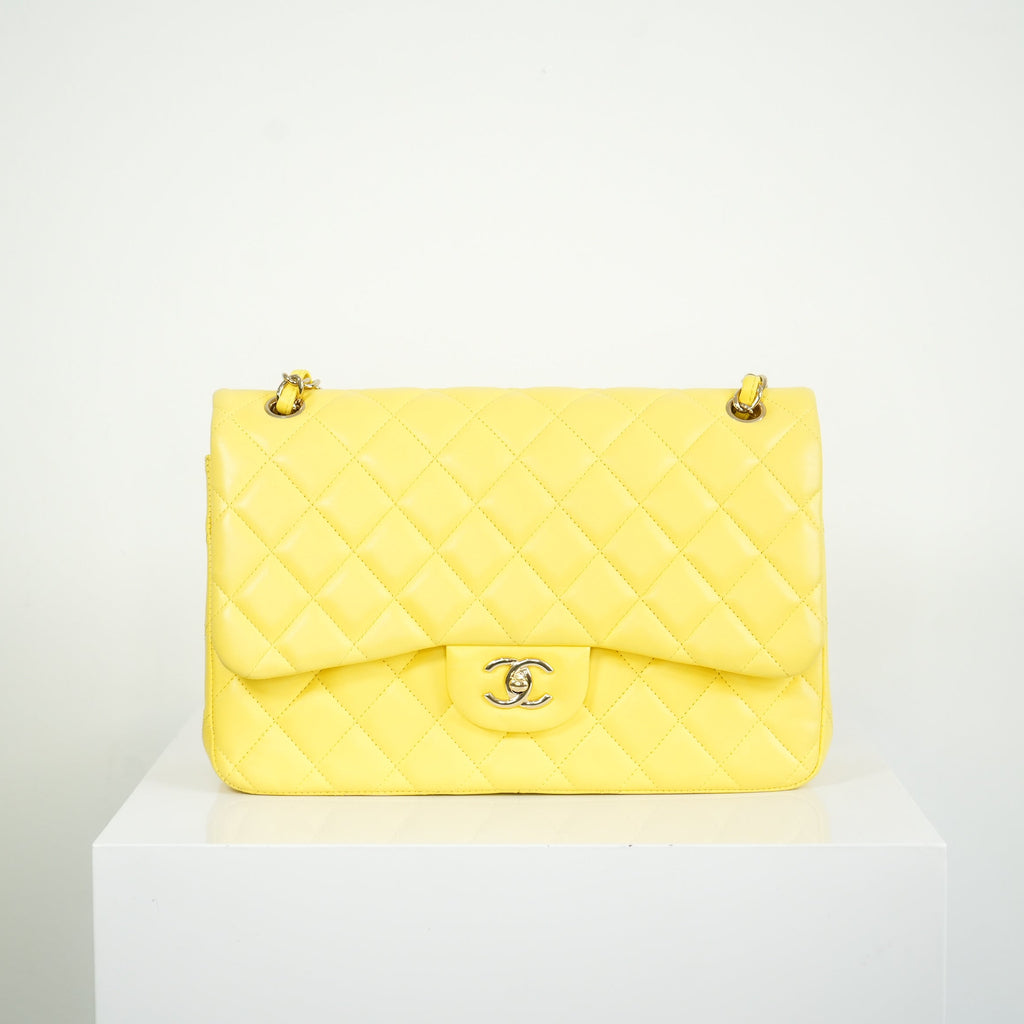 Chanel Yellow Lambskin Jumbo Double Flap Bag Full Set
