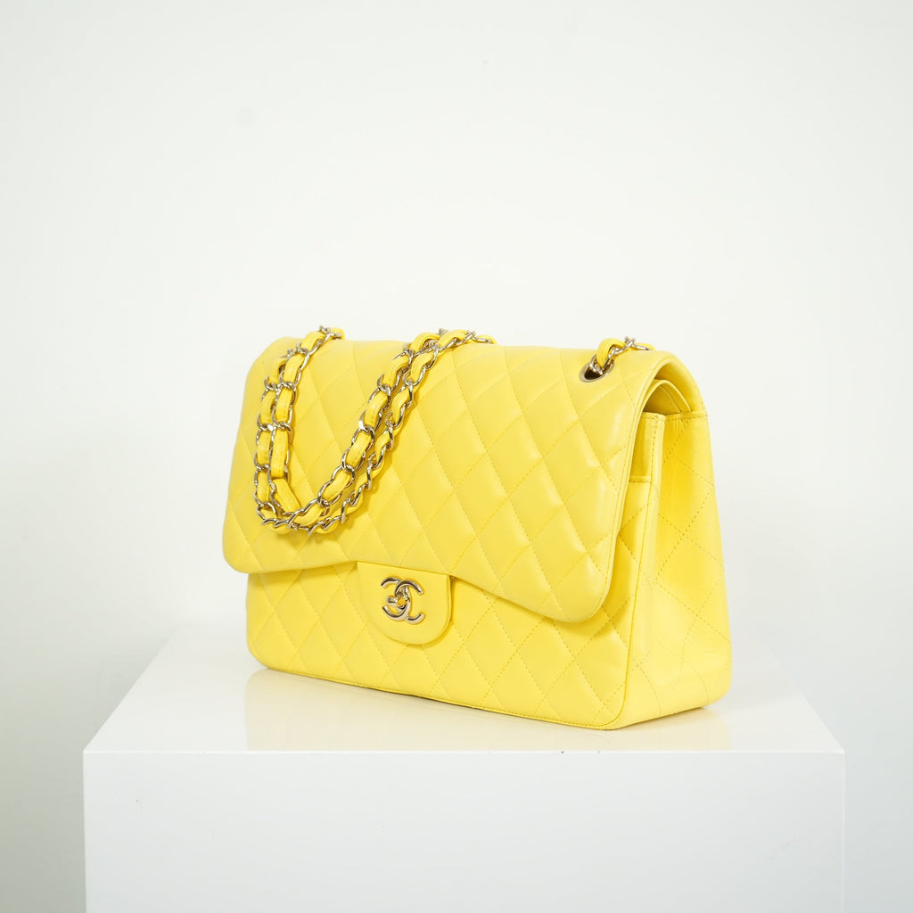 Chanel Yellow Lambskin Jumbo Double Flap Bag Full Set