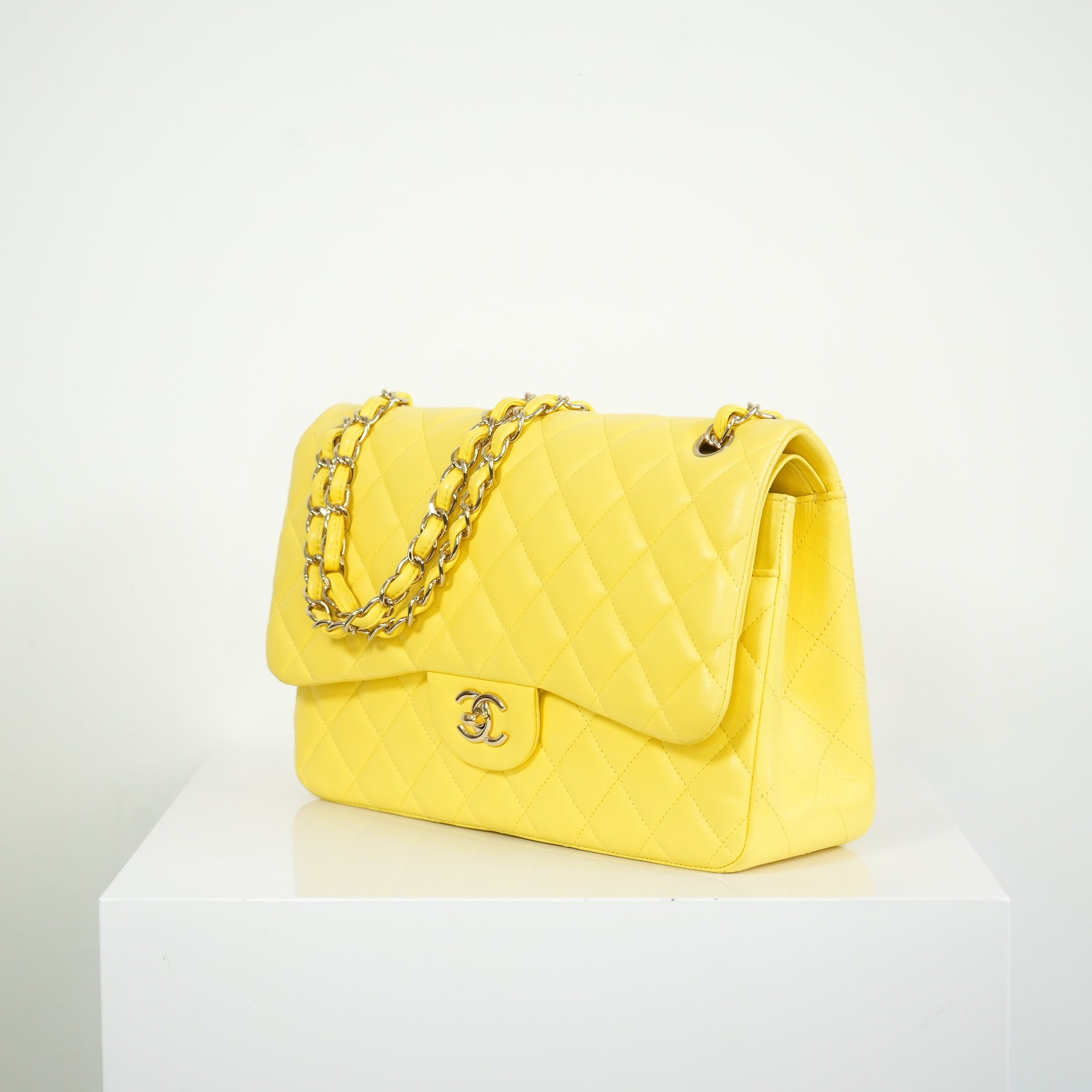 Chanel Yellow Lambskin Jumbo Double Flap Bag Full Set