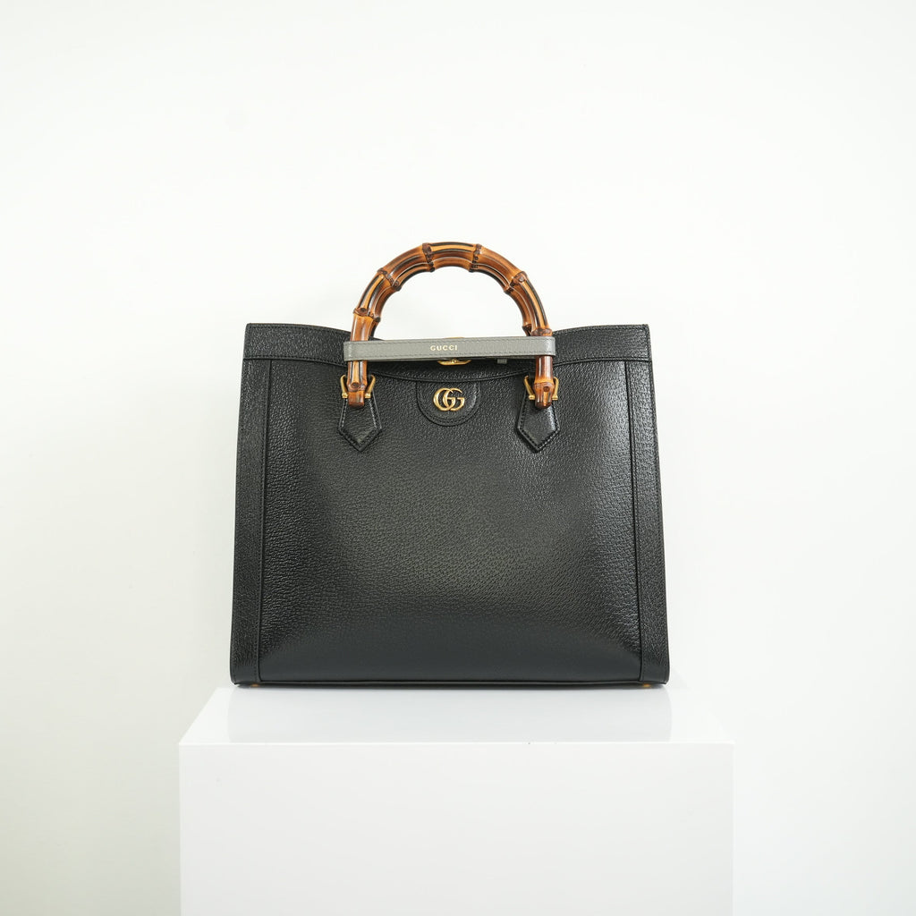 Gucci Diana Bamboo Black Top Handle Tote Bag w/ two straps, luggage tag and dust bag