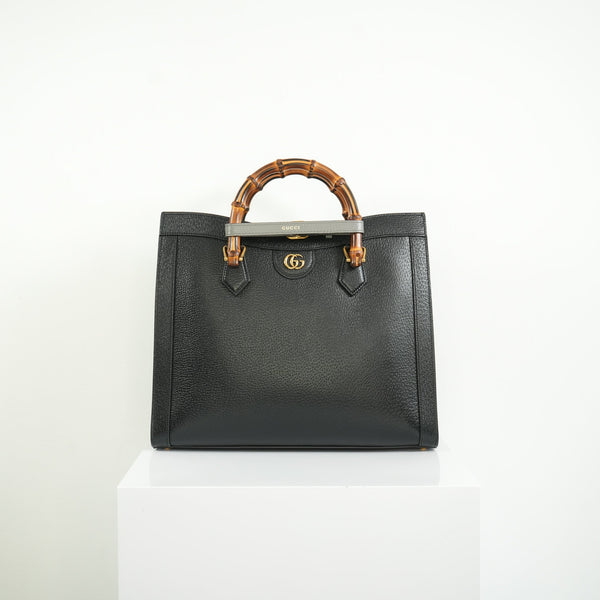Gucci Diana Bamboo Black Top Handle Tote Bag w/ two straps, luggage tag and dust bag