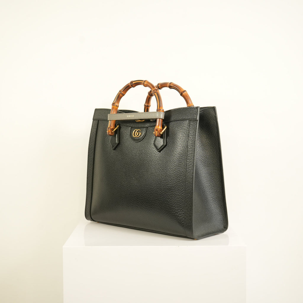 Gucci Diana Bamboo Black Top Handle Tote Bag w/ two straps, luggage tag and dust bag