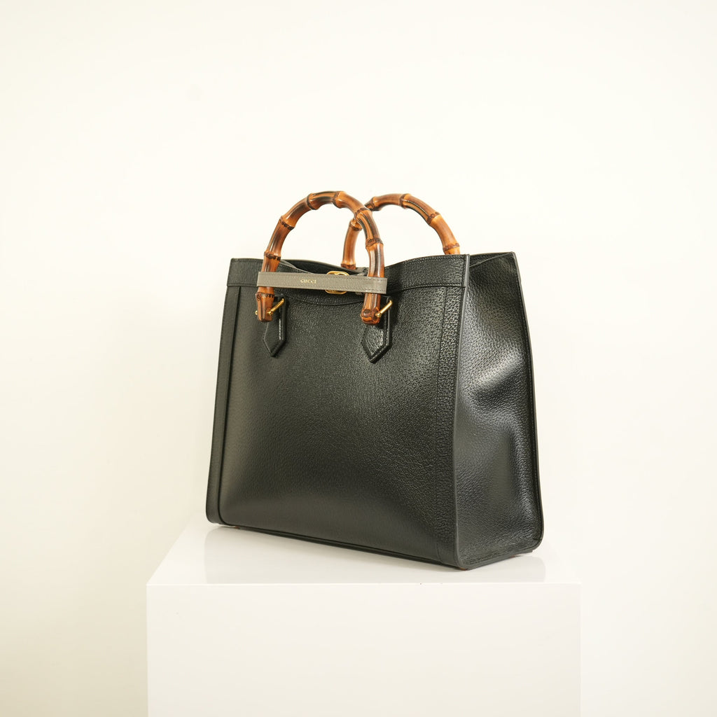 Gucci Diana Bamboo Black Top Handle Tote Bag w/ two straps, luggage tag and dust bag