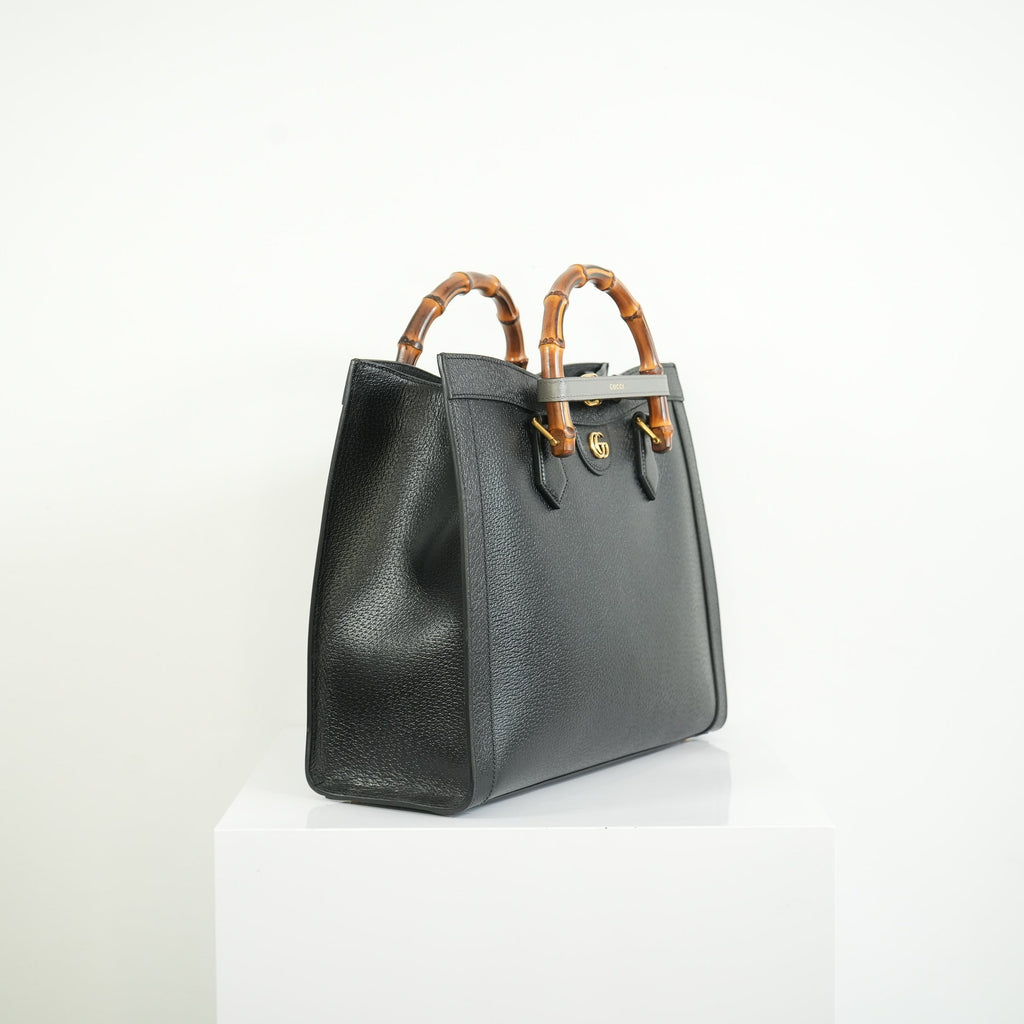 Gucci Diana Bamboo Black Top Handle Tote Bag w/ two straps, luggage tag and dust bag