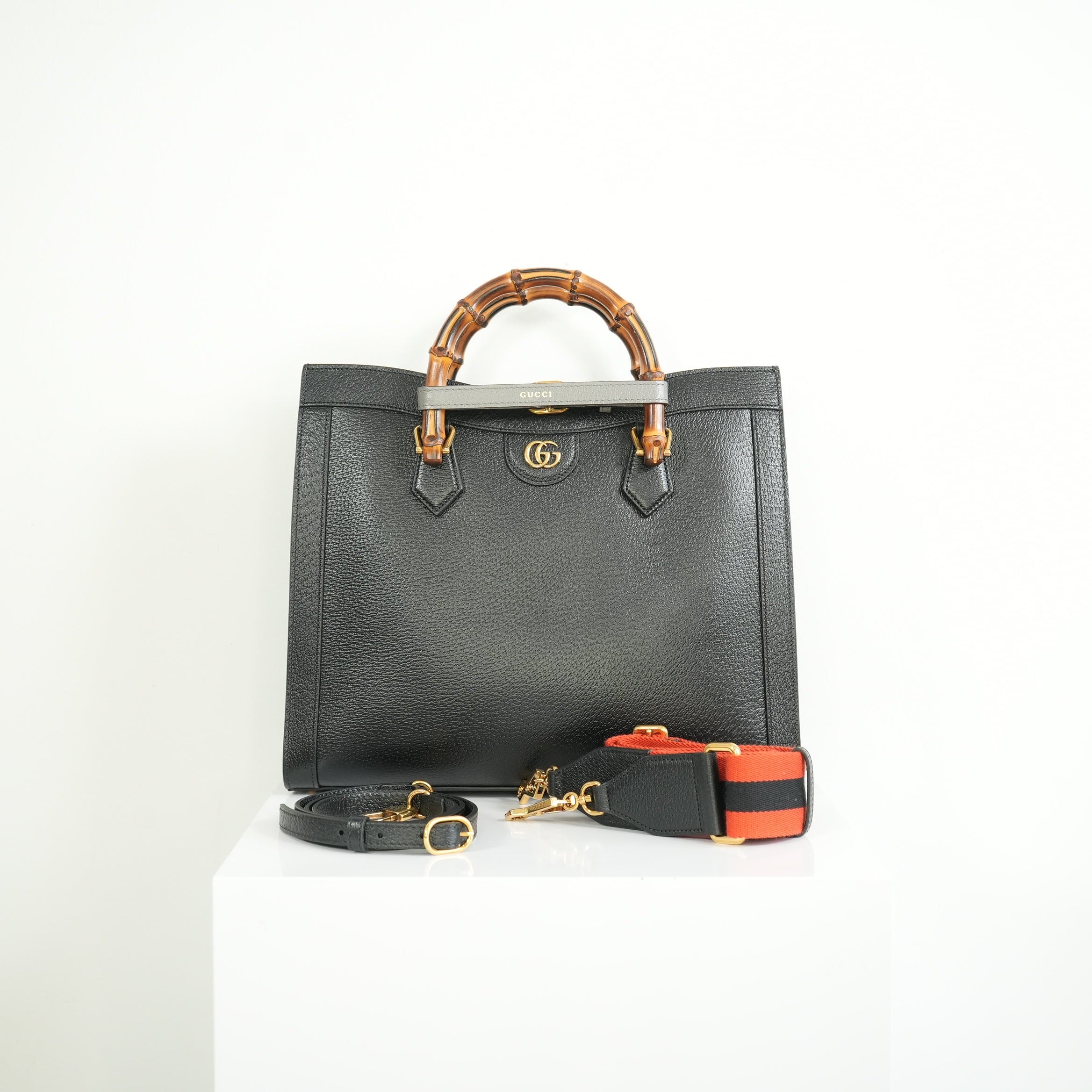 Gucci Diana Bamboo Black Top Handle Tote Bag w/ two straps, luggage tag and dust bag
