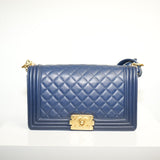 Chanel Boy Bag Quilted Calfskin Shoulder Bag Blue Gold Tone Harware