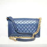 Chanel Boy Bag Quilted Calfskin Shoulder Bag Blue Gold Tone Harware