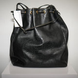 Fendi Logo Drawstring Leather Bucket Bag Black