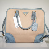 Prada Natural Canvas and Blue Ostrich Tote Bag Beige/Blue
