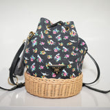 Prada Wicker Canvas Floral Bird Print Drawstring Bucket Bag Black