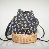 Prada Wicker Canvas Floral Bird Print Drawstring Bucket Bag Black