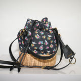 Prada Wicker Canvas Floral Bird Print Drawstring Bucket Bag Black