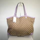 Gucci GG Canvas Purple Leather Trim Craft Tote Bag Beige