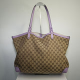 Gucci GG Canvas Purple Leather Trim Craft Tote Bag Beige