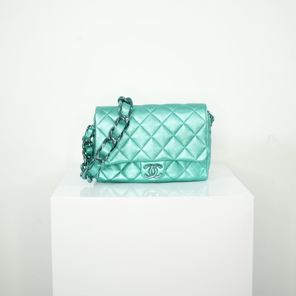 Chanel Metallic Green Single Flap full set