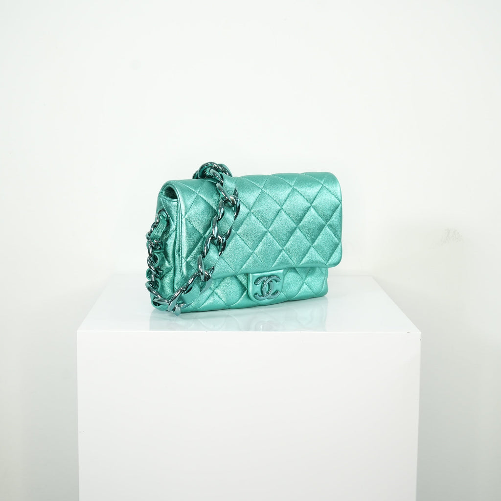 Chanel Metallic Green Single Flap full set