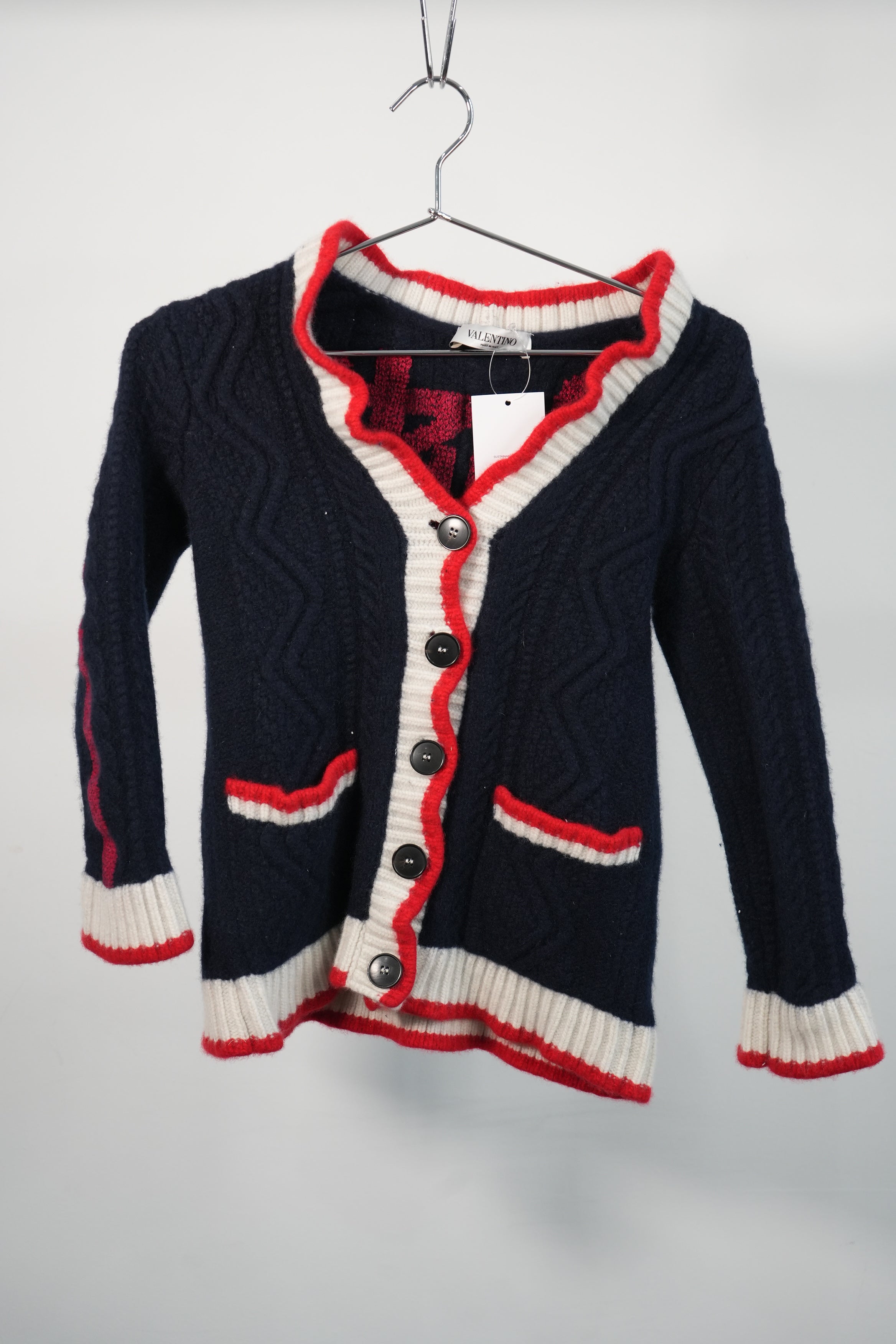 Valentino Navy Blue and Red Knit Cardigan