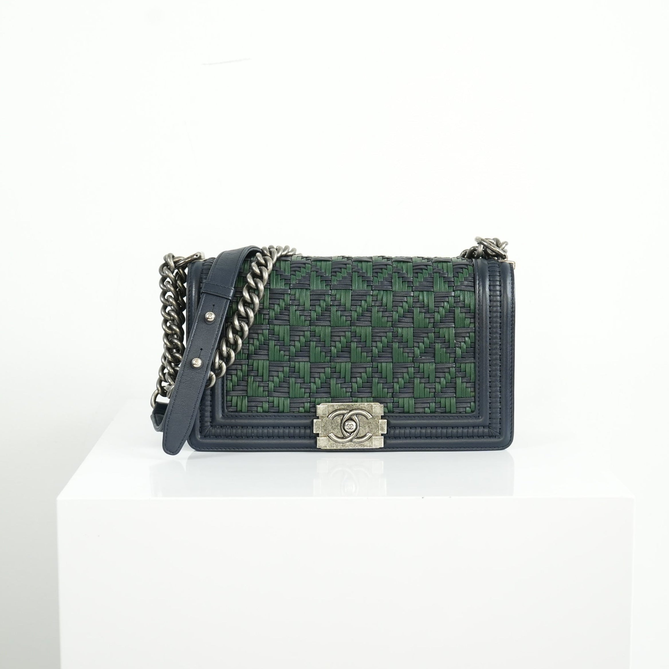 Chanel Blue/Green Woven Calfskin Medium Boy Bag