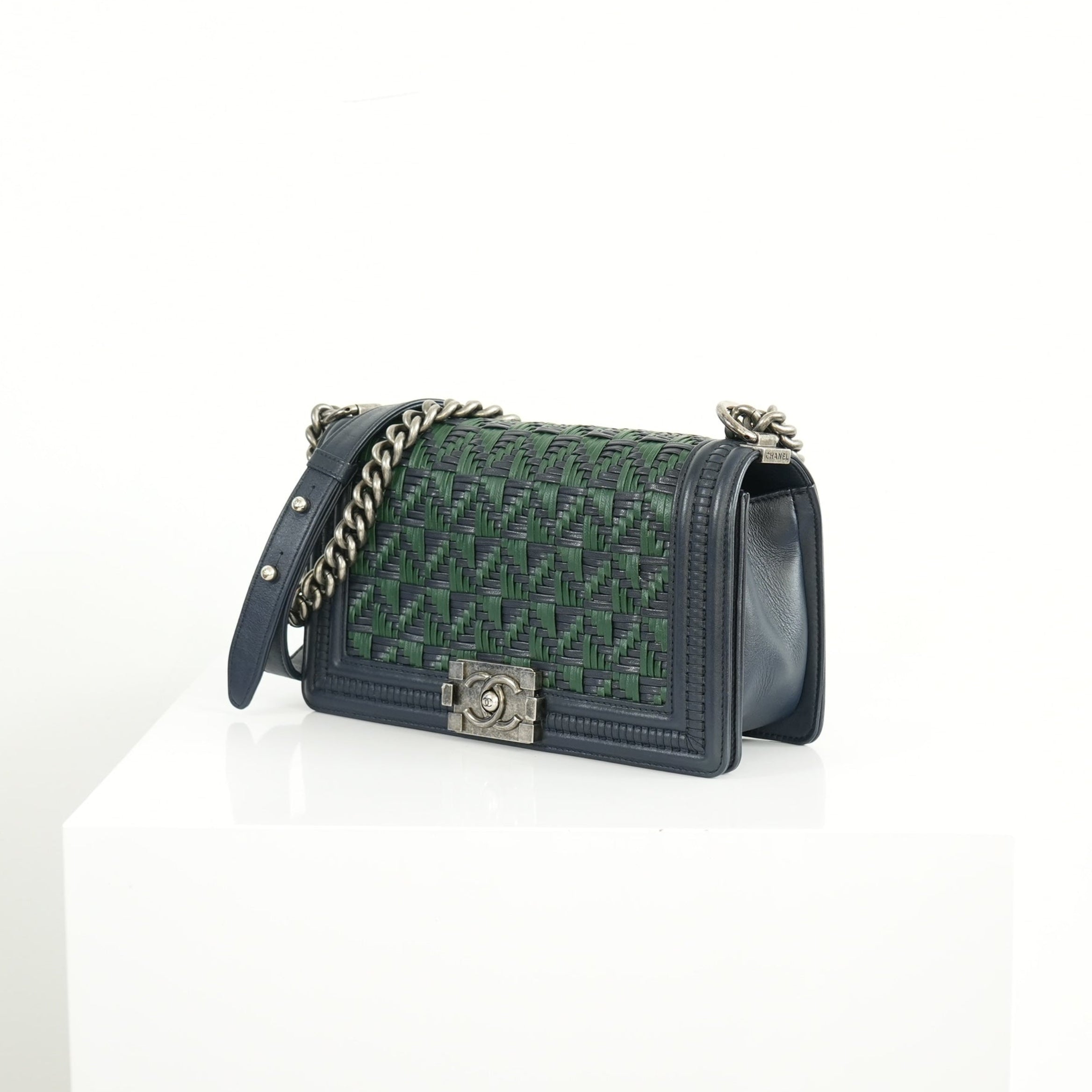 Chanel Blue/Green Woven Calfskin Medium Boy Bag