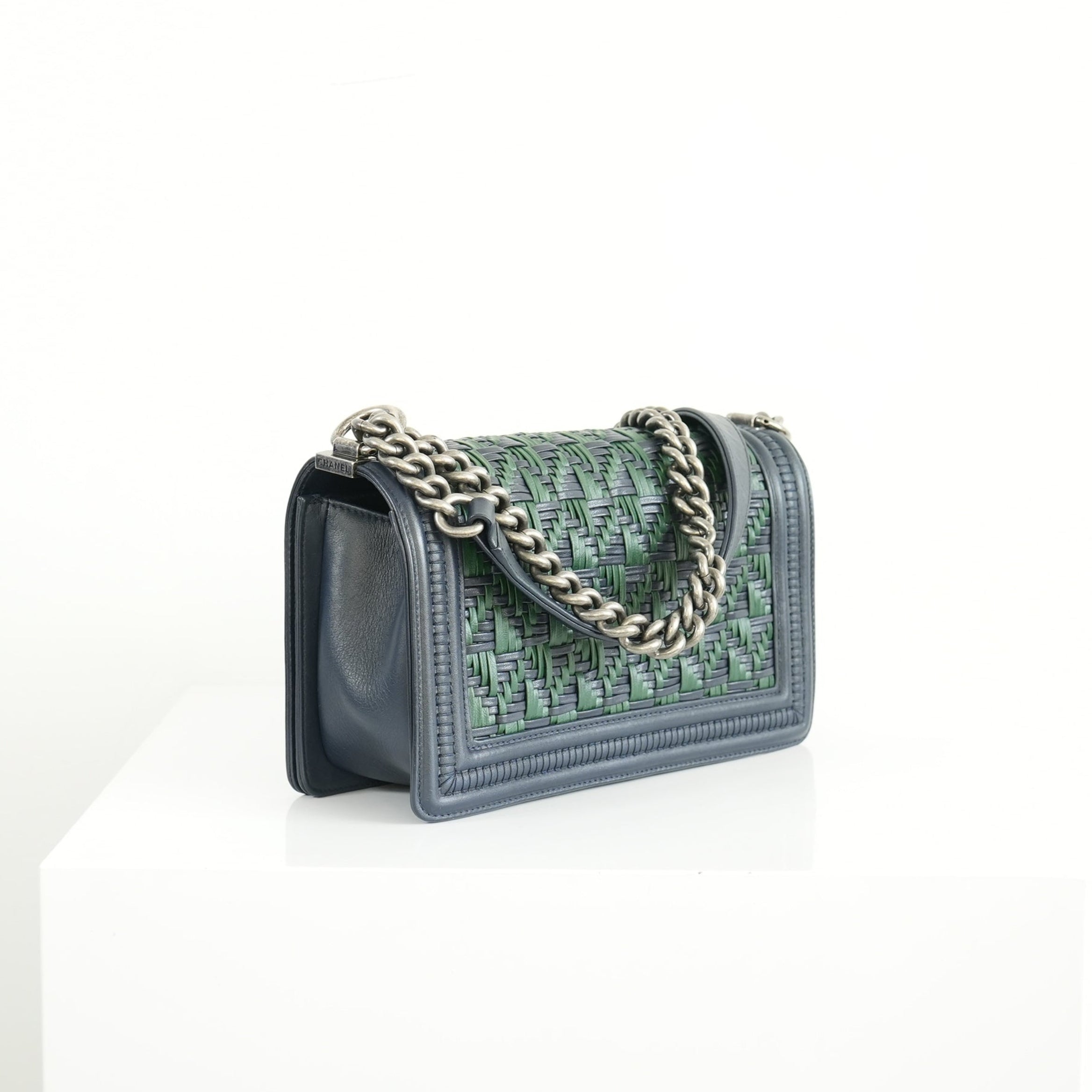 Chanel Blue/Green Woven Calfskin Medium Boy Bag