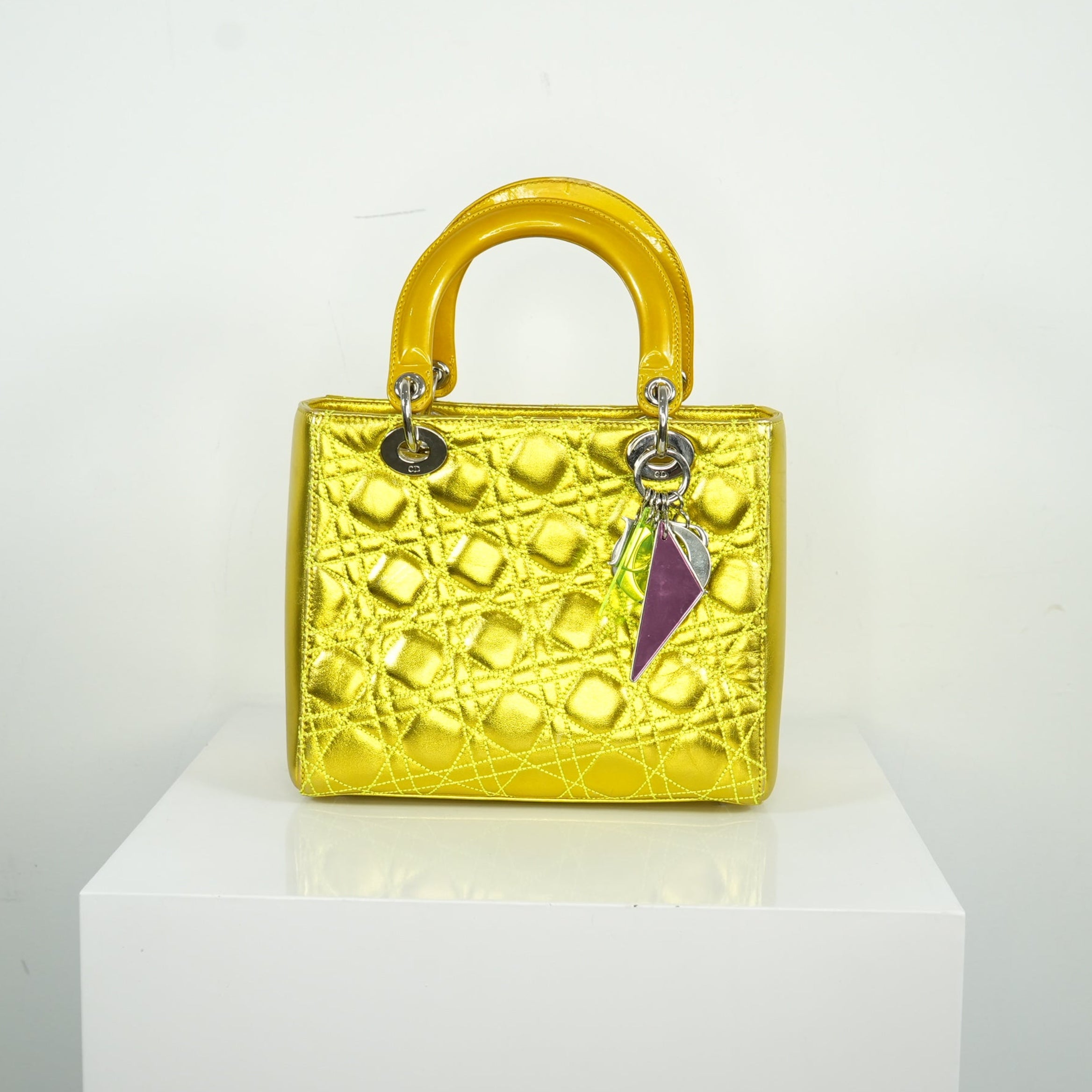 Christian Dior Yellow Anselm Reyle Medium Metallic Lambskin Cannage Lady Dior Handbag