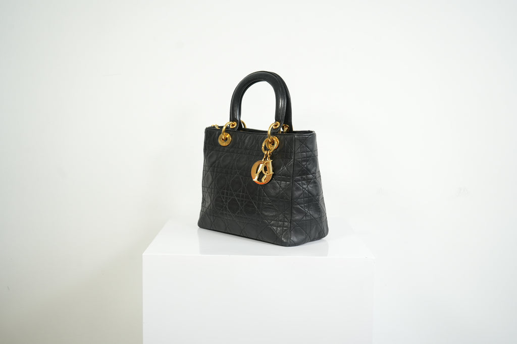 Christian Dior Lady Dior Black Cannage Quilting and Gold-Tone Hardware