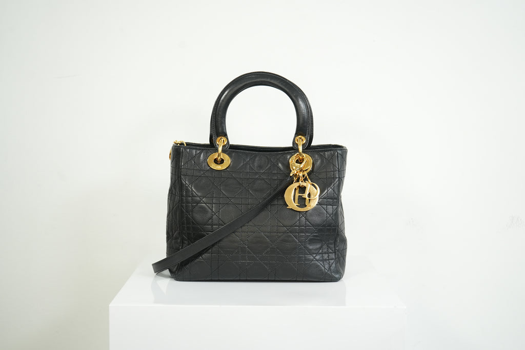 Christian Dior Lady Dior Black Cannage Quilting and Gold-Tone Hardware