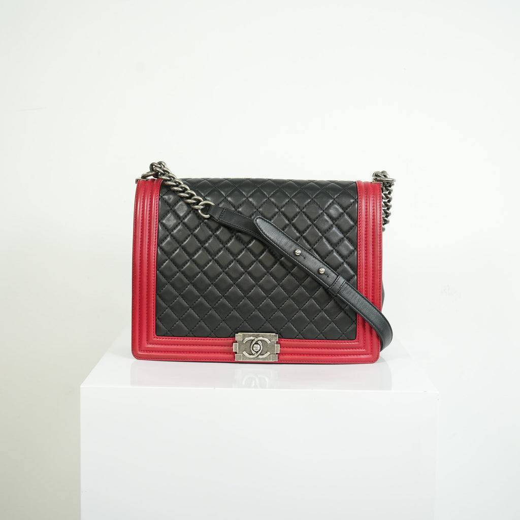 Chanel Boy Large Black and Red Quilted Leather