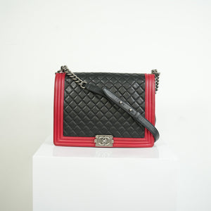 Chanel Boy Large Black and Red Quilted Leather