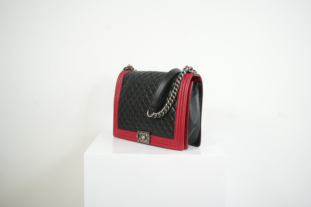 Chanel Boy Large Black and Red Quilted Leather