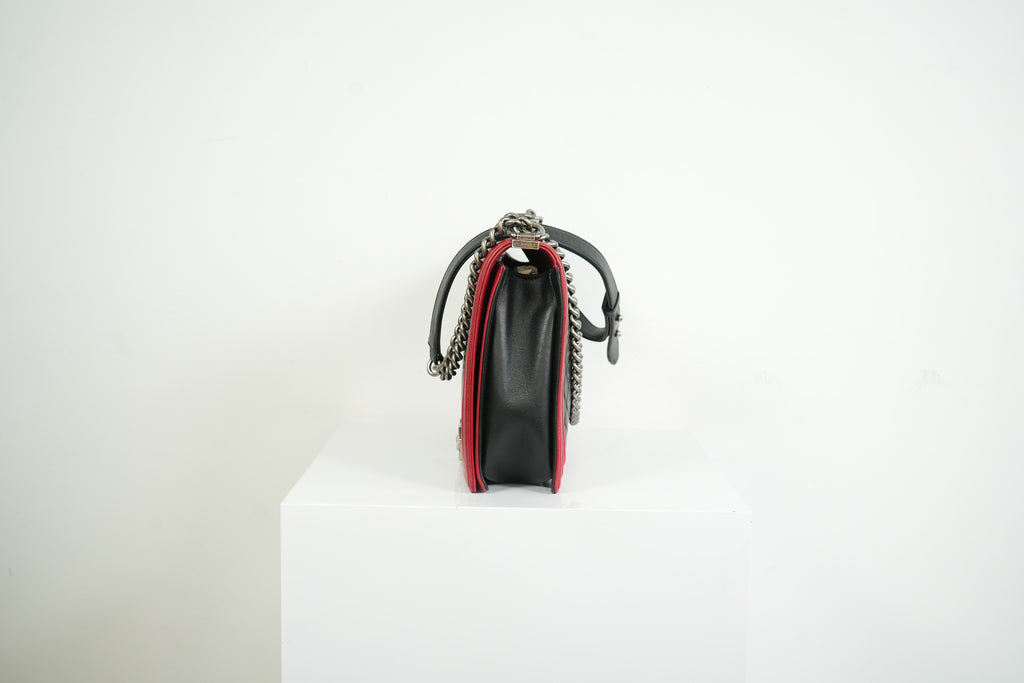 Chanel Boy Large Black and Red Quilted Leather