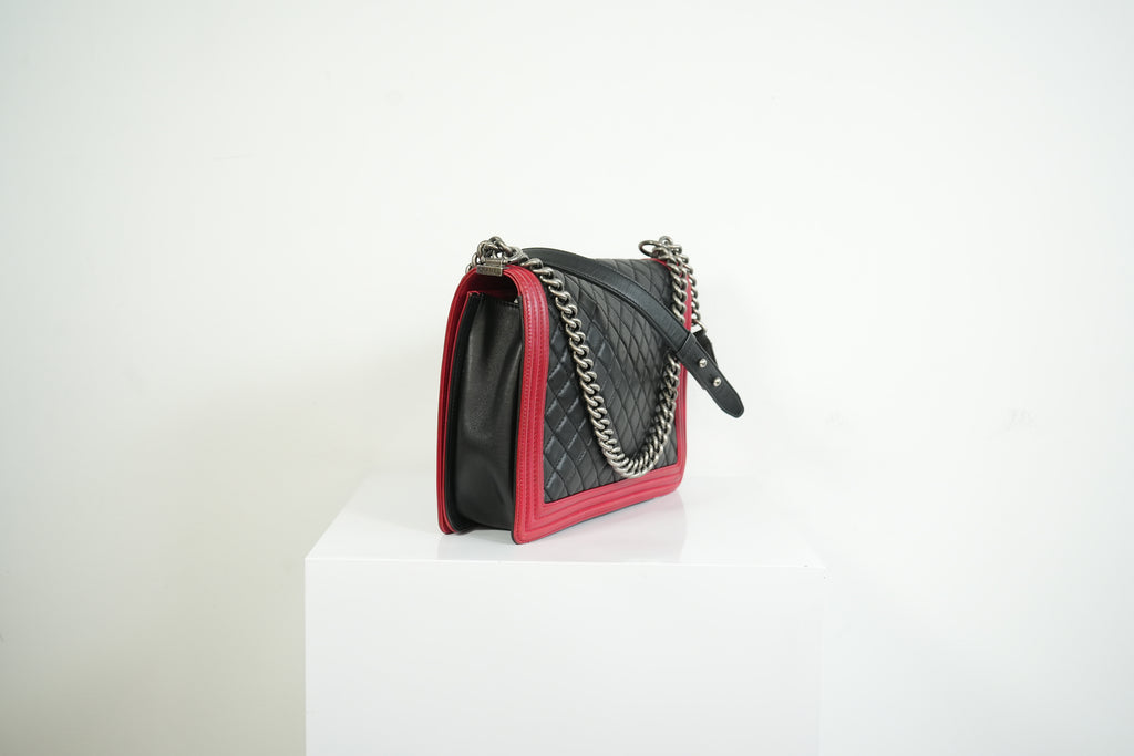 Chanel Boy Large Black and Red Quilted Leather