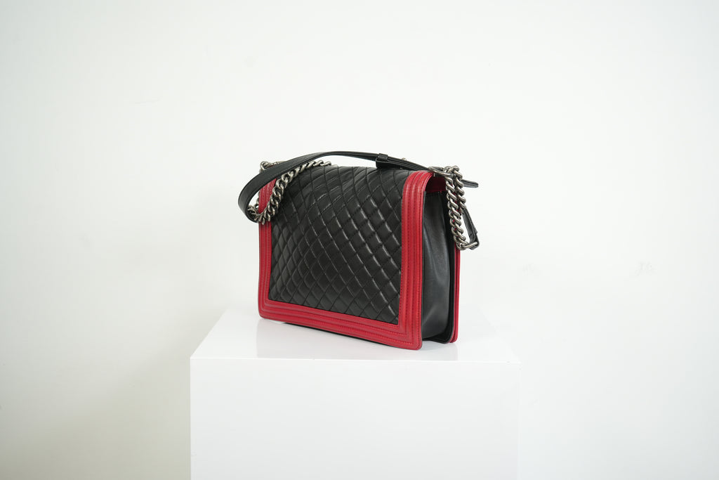 Chanel Boy Large Black and Red Quilted Leather