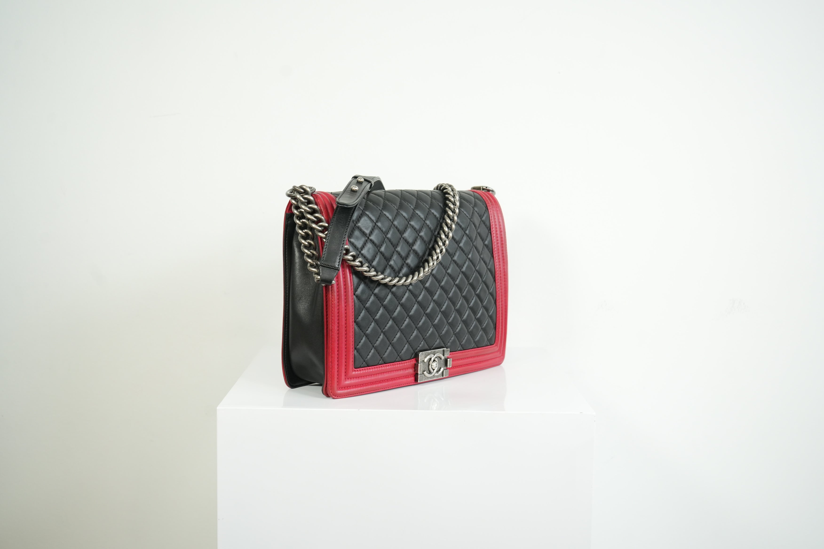 Chanel Boy Large Black and Red Quilted Leather