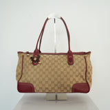 Gucci Sherry Line Princy Ribbon Canvas Leather Tote Bag Beige Red