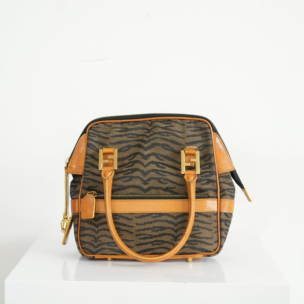 Fendi Vintage Zebra Print Canvas Tan Leather Trim 2Way Handbag