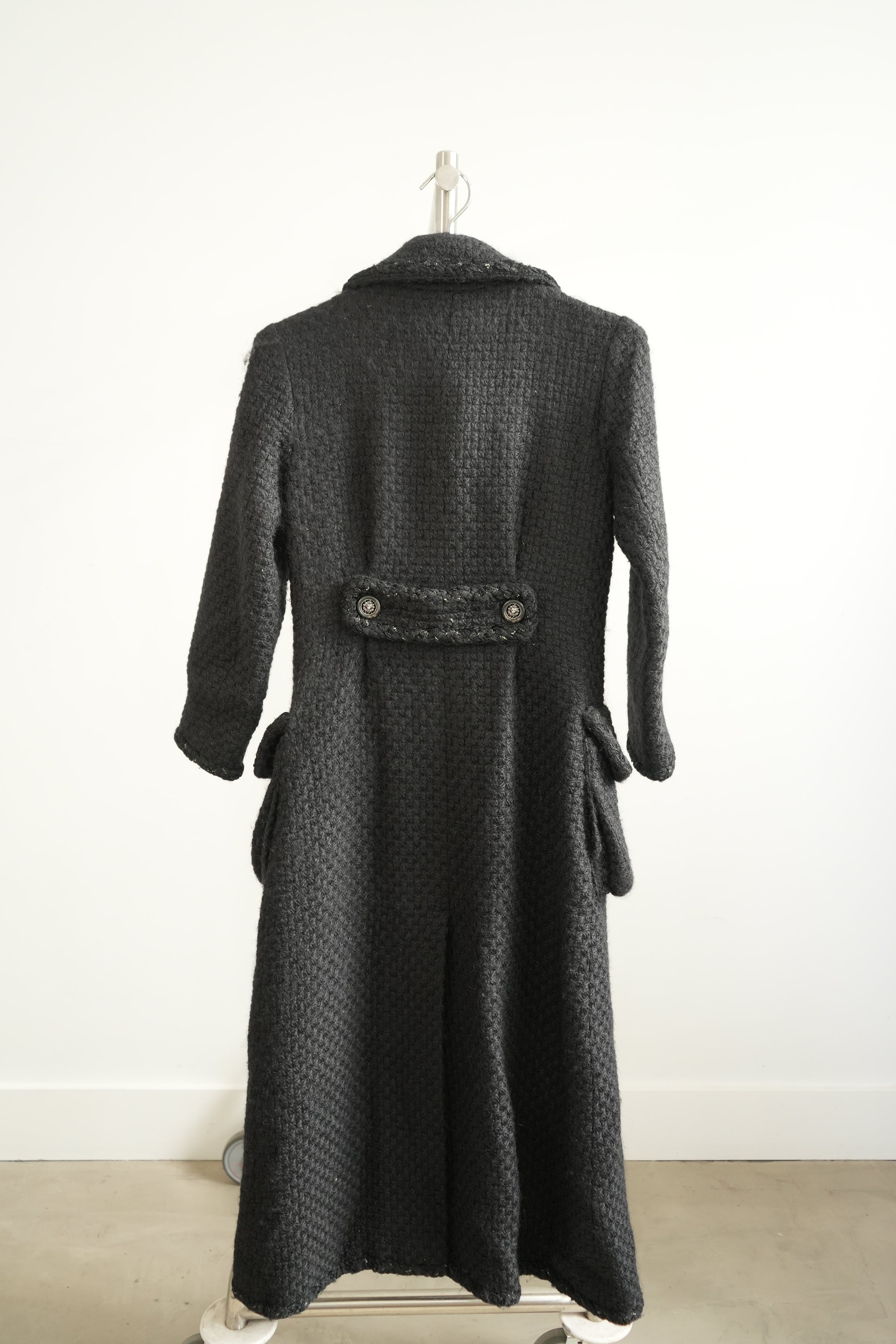 Chanel Long Tweed Button Front Coat Gray Size 34 Women's