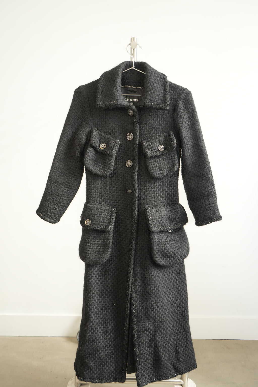 Chanel Long Tweed Button Front Coat Gray Size 34 Women's